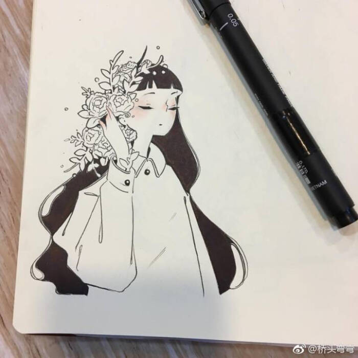 水彩 针管笔 手绘 人物细腻意境精致唯美笔记本上的绘画日本女孩:ik