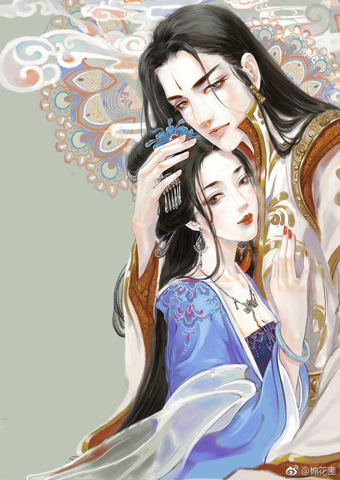 手绘古装情侣插画师棉花圃