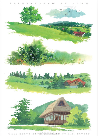 我自己也很喜欢的一套水粉植物小场景图#水粉水彩# via _echolee