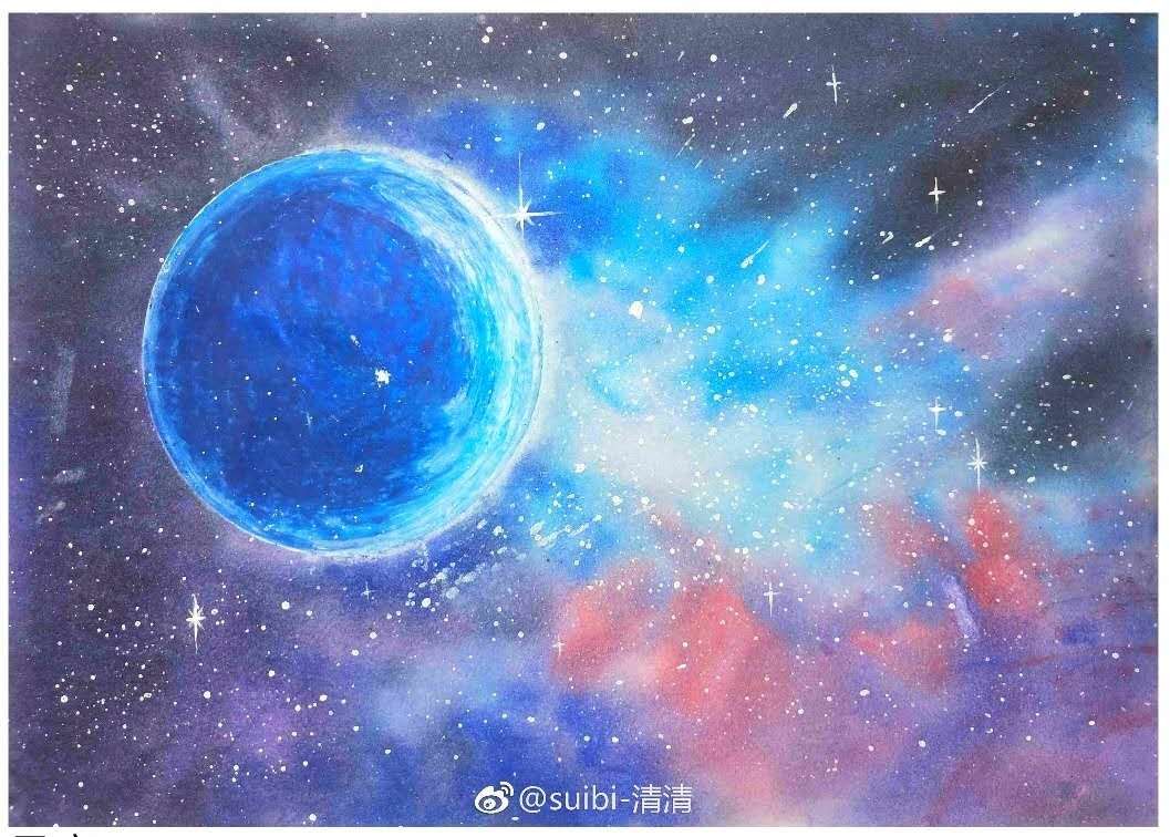 儿童画 写生 速写 重彩 色彩 黑白 创意 水彩 星空 极光 北极光 月球