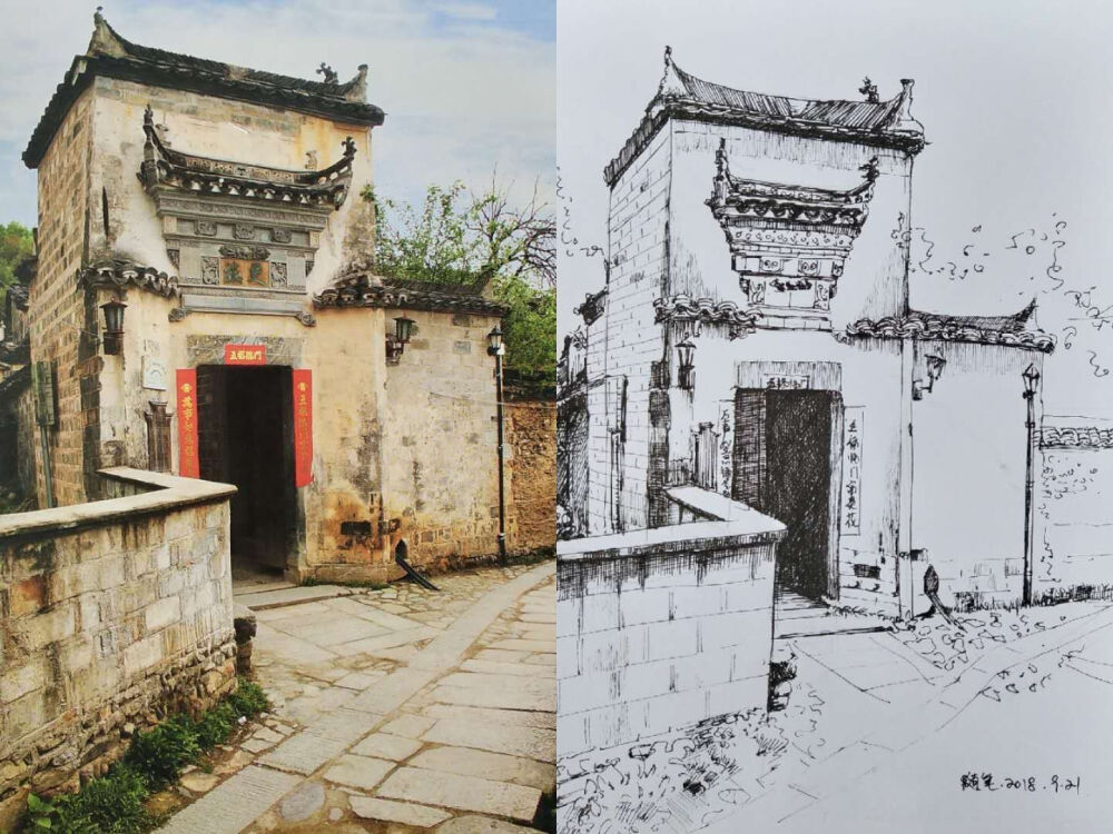 线描 装饰画 创意 黑白 建筑 风景 徽派建筑 吊脚楼 瓦房 民族风 速写