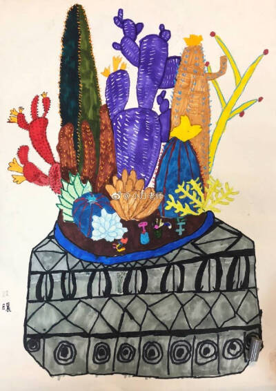 儿童创意美术,儿童绘画一盆多肉仙人掌,盆栽