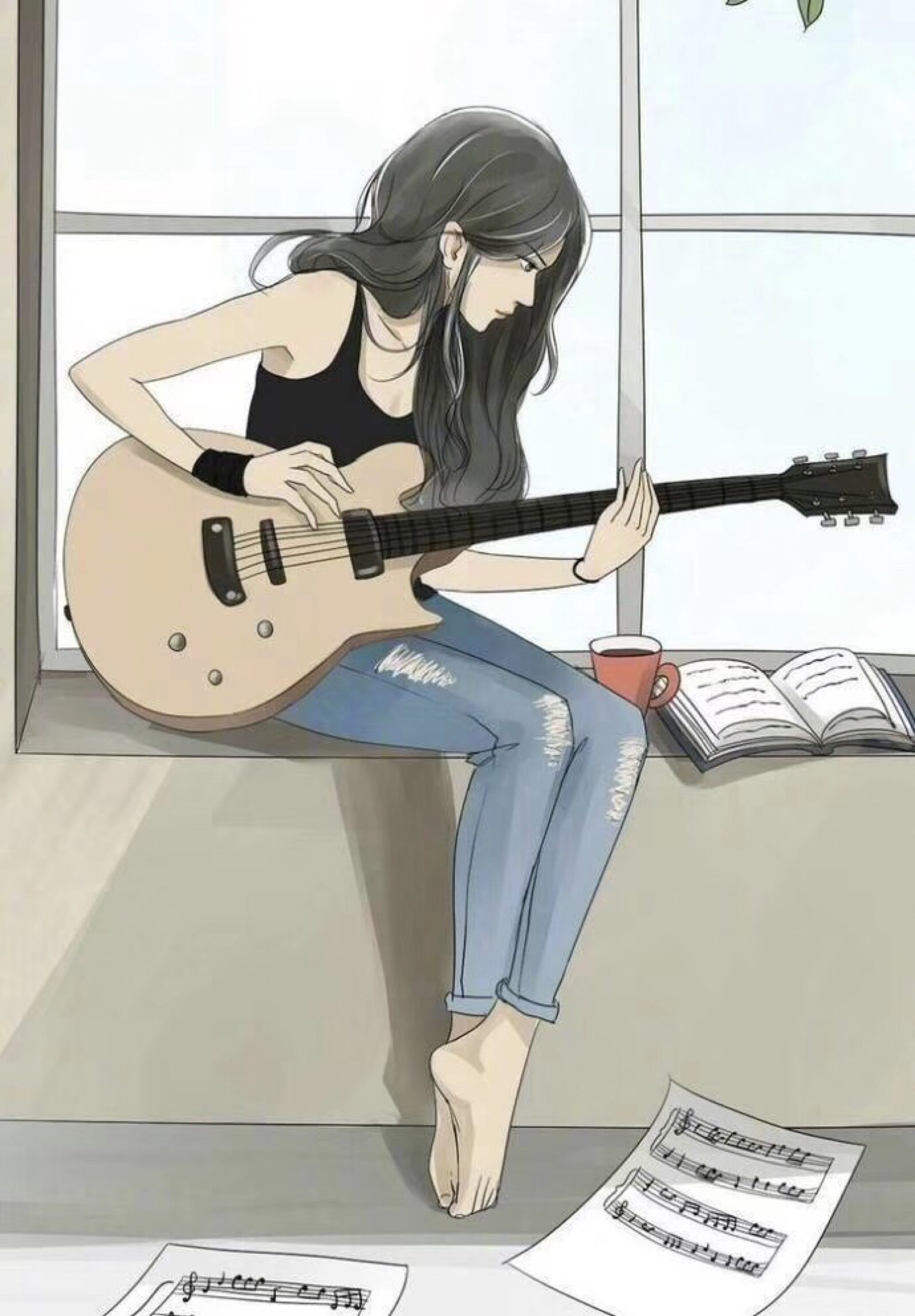 壁纸女孩，吉他，吉他手，音乐，动漫高清：宽屏：高清晰度：全屏