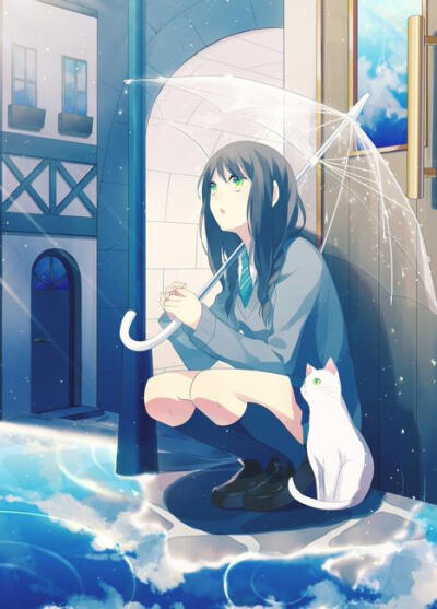 二次元少女 雨中撑伞的少女