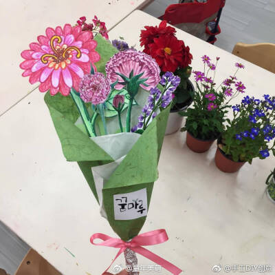温馨美好的花束,三八妇女节母亲节的儿童(幼儿)手工绘画创意