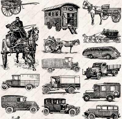119#手绘素描速写风复古交通工具 汽车火车飞机手绘图png素材