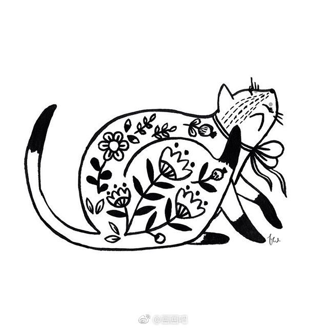 一组猫咪的黑白手绘插画 作者:flora waycott