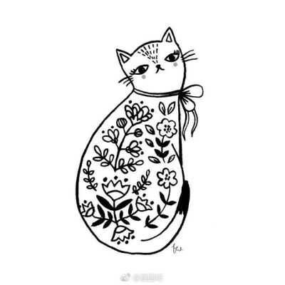 一组猫咪的黑白手绘插画 作者:flora waycott