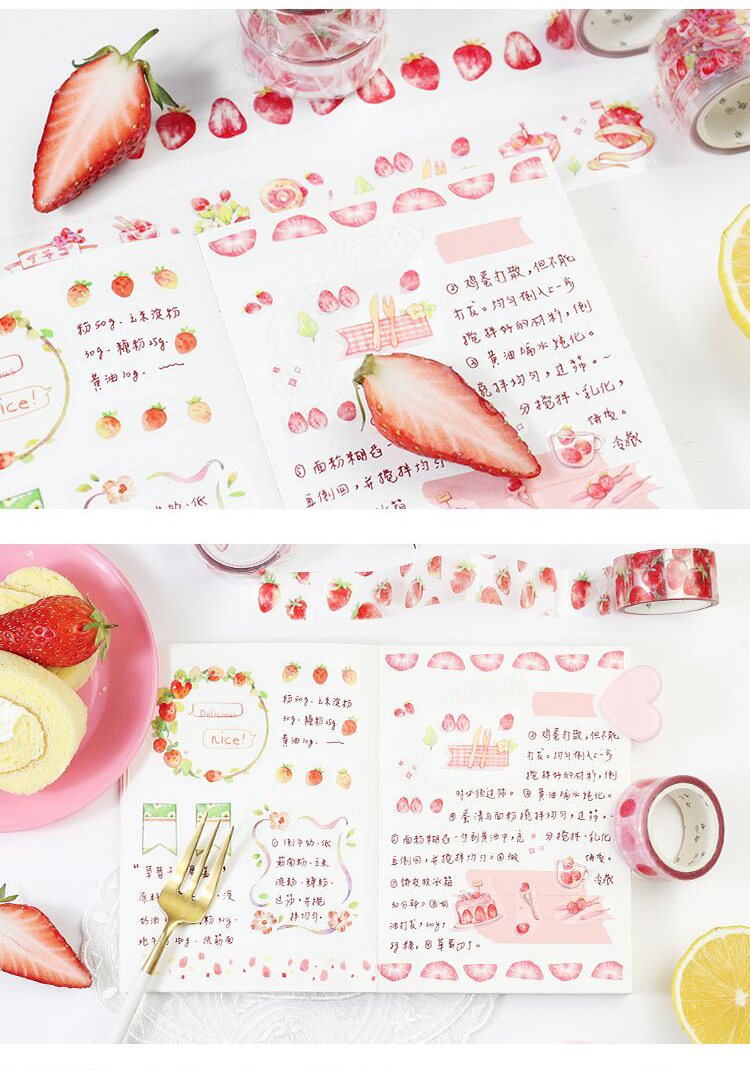 长诗创意草莓pet透明胶带ins风少女心小清新水果手帐素材装饰贴画