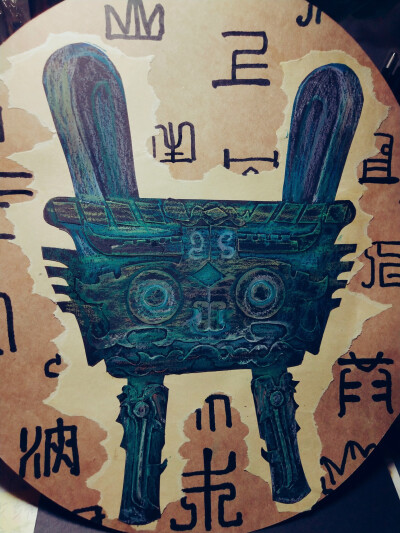 青铜器的制作,油画棒,黑色卡纸