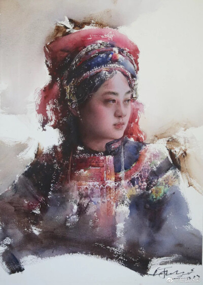 少数民族人物,黄华兆水彩人物画,图片来源于微博