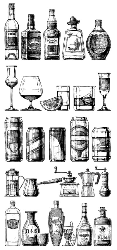 137#手绘素描速写老式酒吧咖啡馆器具酒瓶饮料杯子 设计素材适量