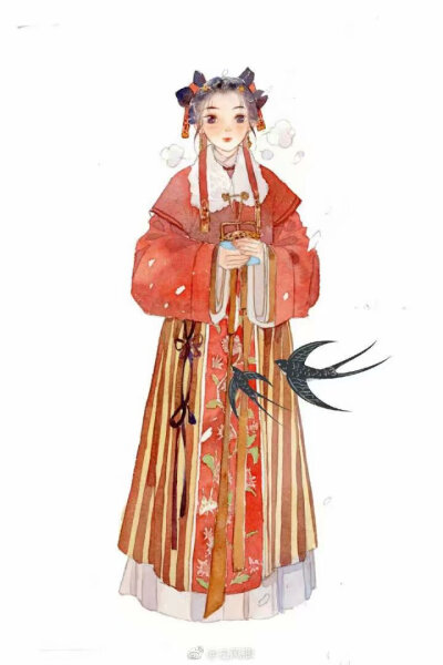 "一组古风水彩人物插画.古风少女汉服系列,愿梦回长安,再赏华夏衣装.