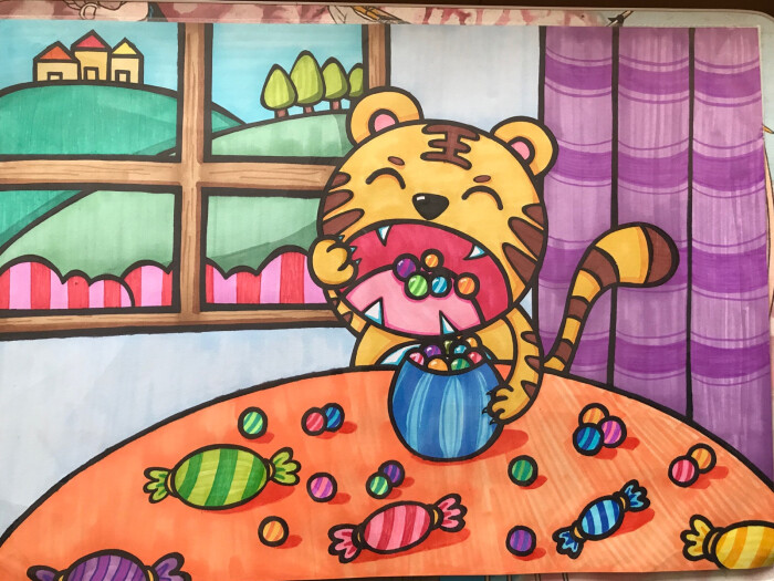 儿童画临摹爱吃糖的小老虎