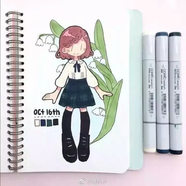 来自美国的日裔画师kaiami的手绘本子马克笔作品,记录自己每日穿搭