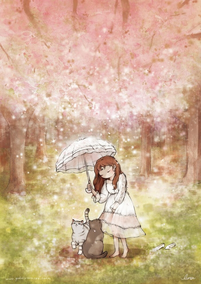 flower rain 我和猫咪 画师luna插画作品