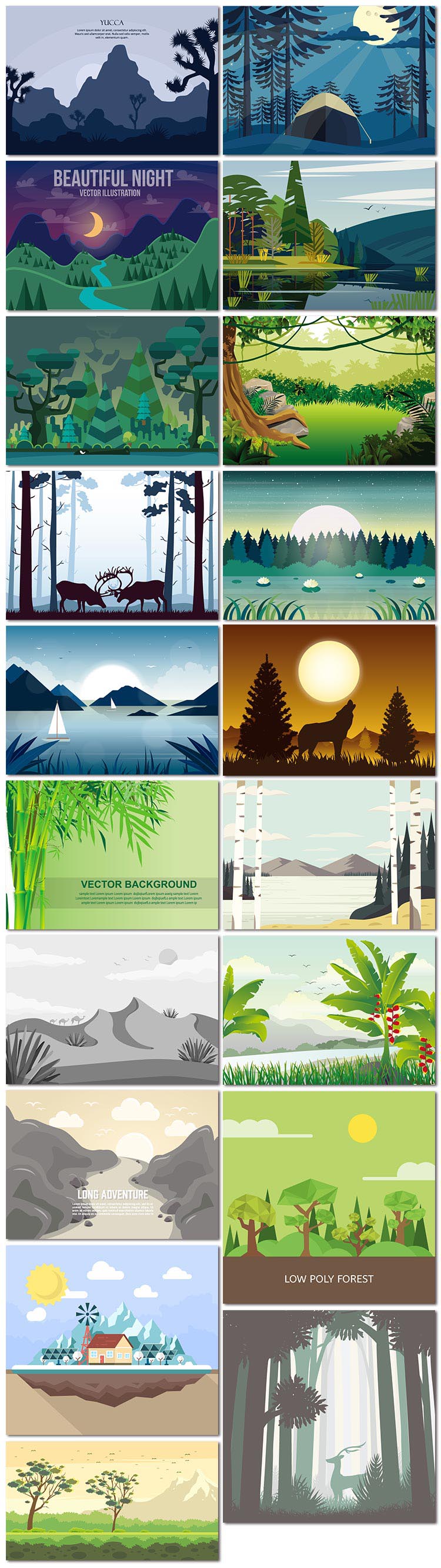 19张大自然风景插画插图山水河流夜晚动物森林旅游度假矢量素材模板