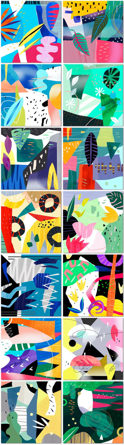 14张夏日抽象热带植物花卉几何立体卡通撞色涂鸦插画儿童创意背景海报