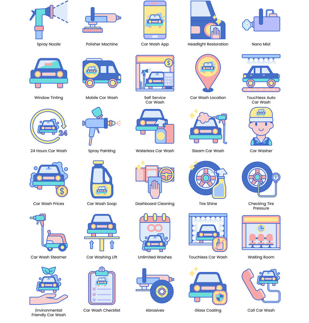 70个洗车房汽车清洗护理洗车店卡通网站网页icon插画图标模板素材设计