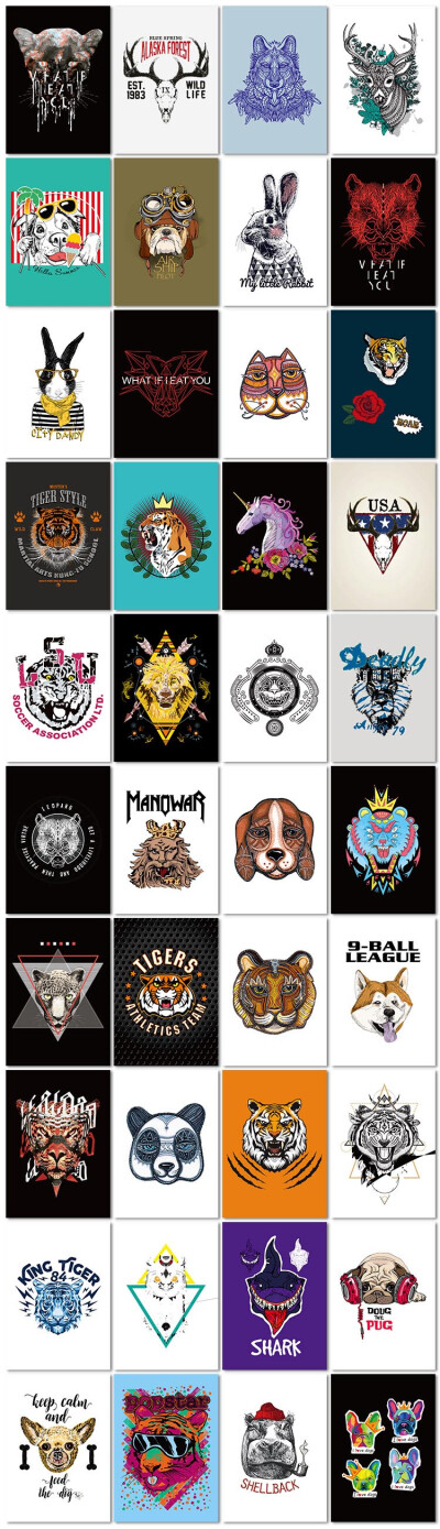80张复古老虎狮子动物图腾欧美胸前印花logo图案服装设计t恤矢量素材