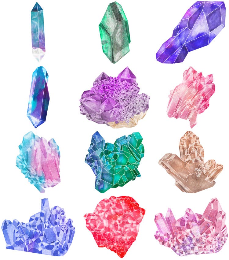 12个华丽炫酷手绘水墨水彩画风格天然宝石水晶矿石剪贴画png素材元素