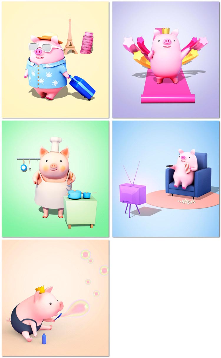 5张猪年卡通可爱q版小猪3d立体形象2019素材插画海报psd模板设计元素