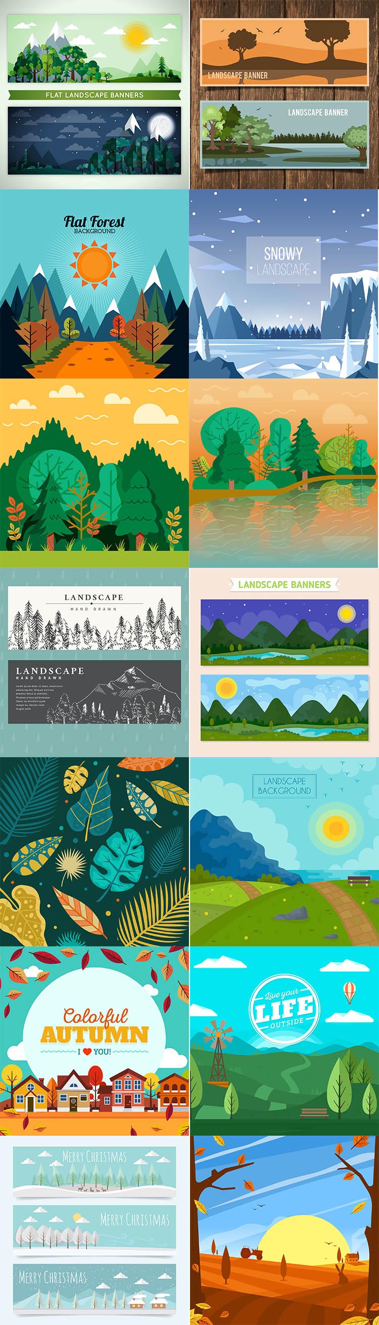 28张扁平化绿色卡通森林风景树林幼儿园墙壁插画装饰画喷印刷矢量素材