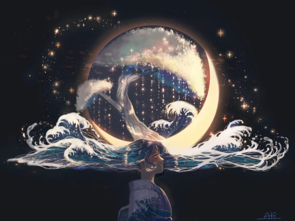 唯美意境# 海浪与月亮