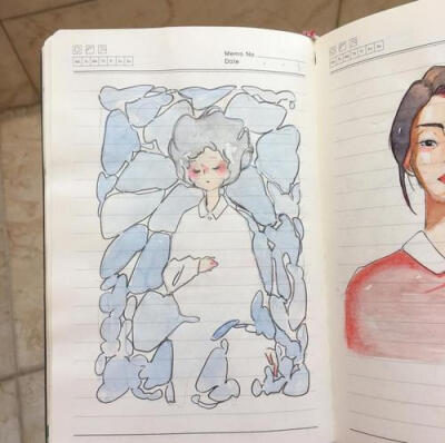 水彩 针管笔 手绘 人物细腻意境精致唯美笔记本上的绘画日本女孩:ik