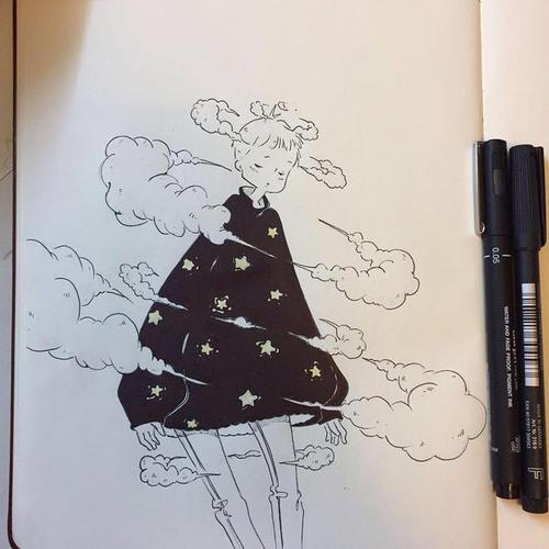 水彩 针管笔 手绘 人物细腻意境精致唯美笔记本上的绘画日本女孩:ik