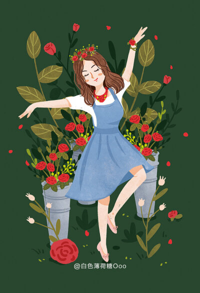 女孩与鲜花,插画师:桔子piang