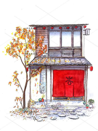 日系手绘动画日本商店房屋建筑彩色黑白插画