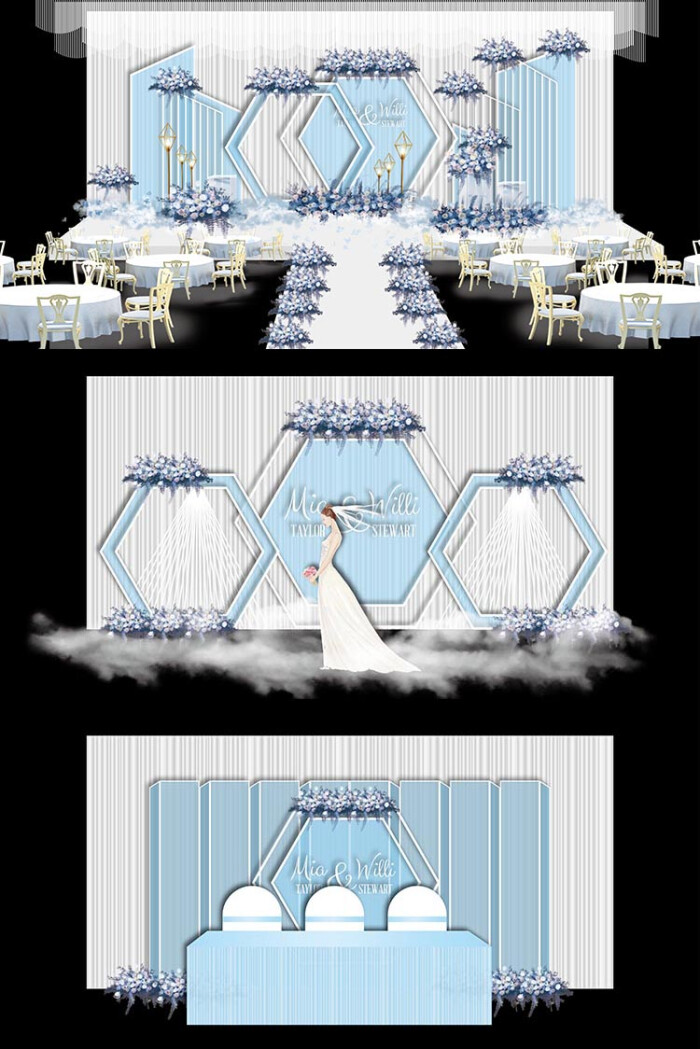 现代简约蓝色欧式矢量婚礼效果图舞台签到迎宾区ai模板设计素材