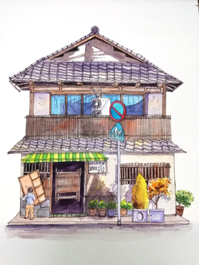 日系手绘动画日本商店房屋建筑彩色黑白插画jpg图片素材jpg73