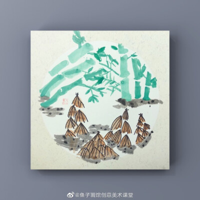 《竹笋》,#3～5岁#,一个半小时.工具:宣卡,国画颜料,勾线笔