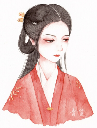 水彩古风人物插画,作者:青尘水彩