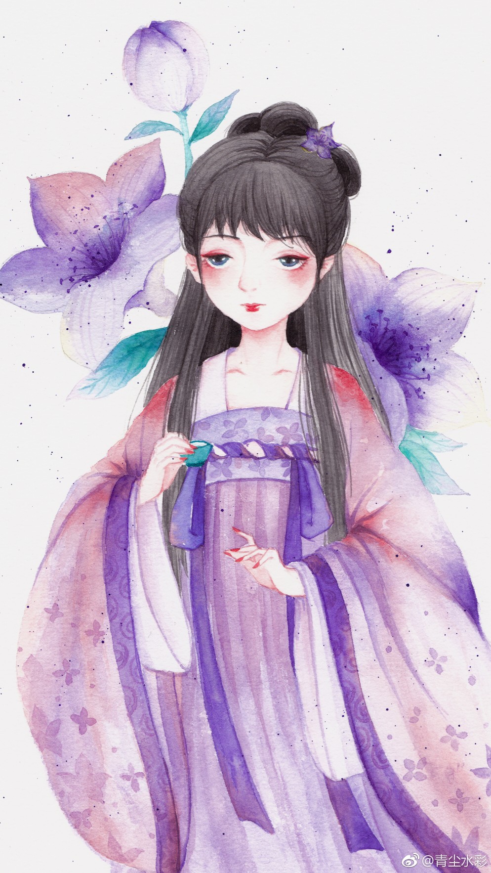 水彩古风人物插画,作者:青尘水彩