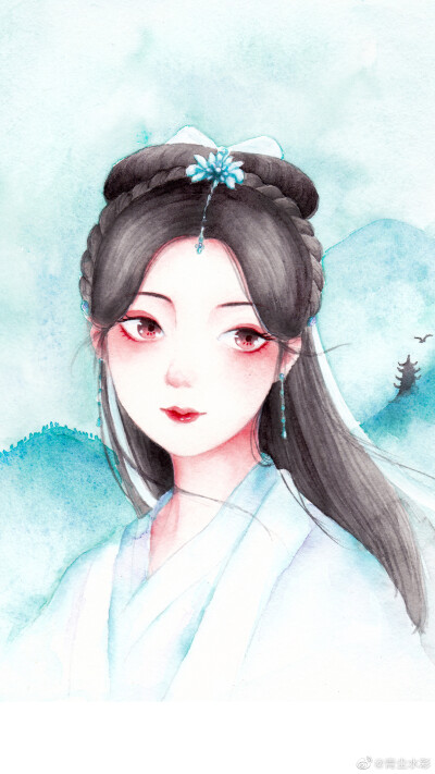 水彩古风人物插画,作者:青尘水彩