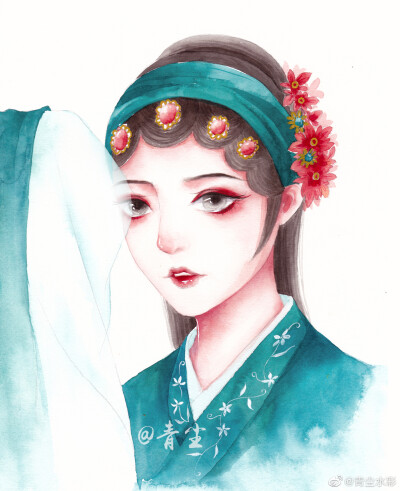 水彩古风人物插画,作者:青尘水彩