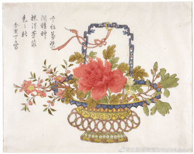 《牡丹花篮图》,金阊丁氏,木刻版画,苏州,十八世纪 大英博物馆