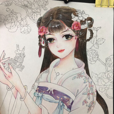 插画彩铅插画 古风