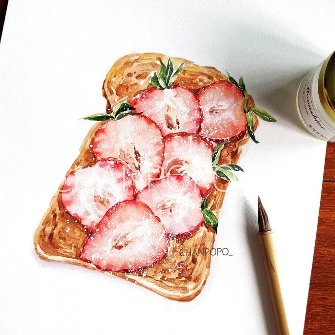 【小美食】水彩 手绘 绘画 插画 甜品 草莓 小清新