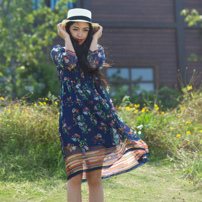 【格桑花】季薇春秋波西米亚碎花仿真丝雪纺文艺连衣裙可做孕妇裙