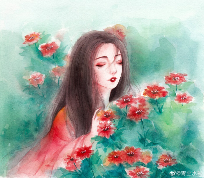 水彩古风人物插画,作者:青尘水彩