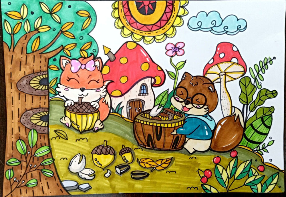 儿童画～爱吃坚果的小松鼠