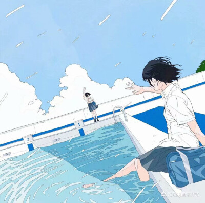 蓝色 动漫人物 插画 天空 海水