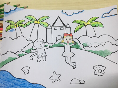 临摹创编儿童画 椰树 海滩 猴子 跳跃的小女孩