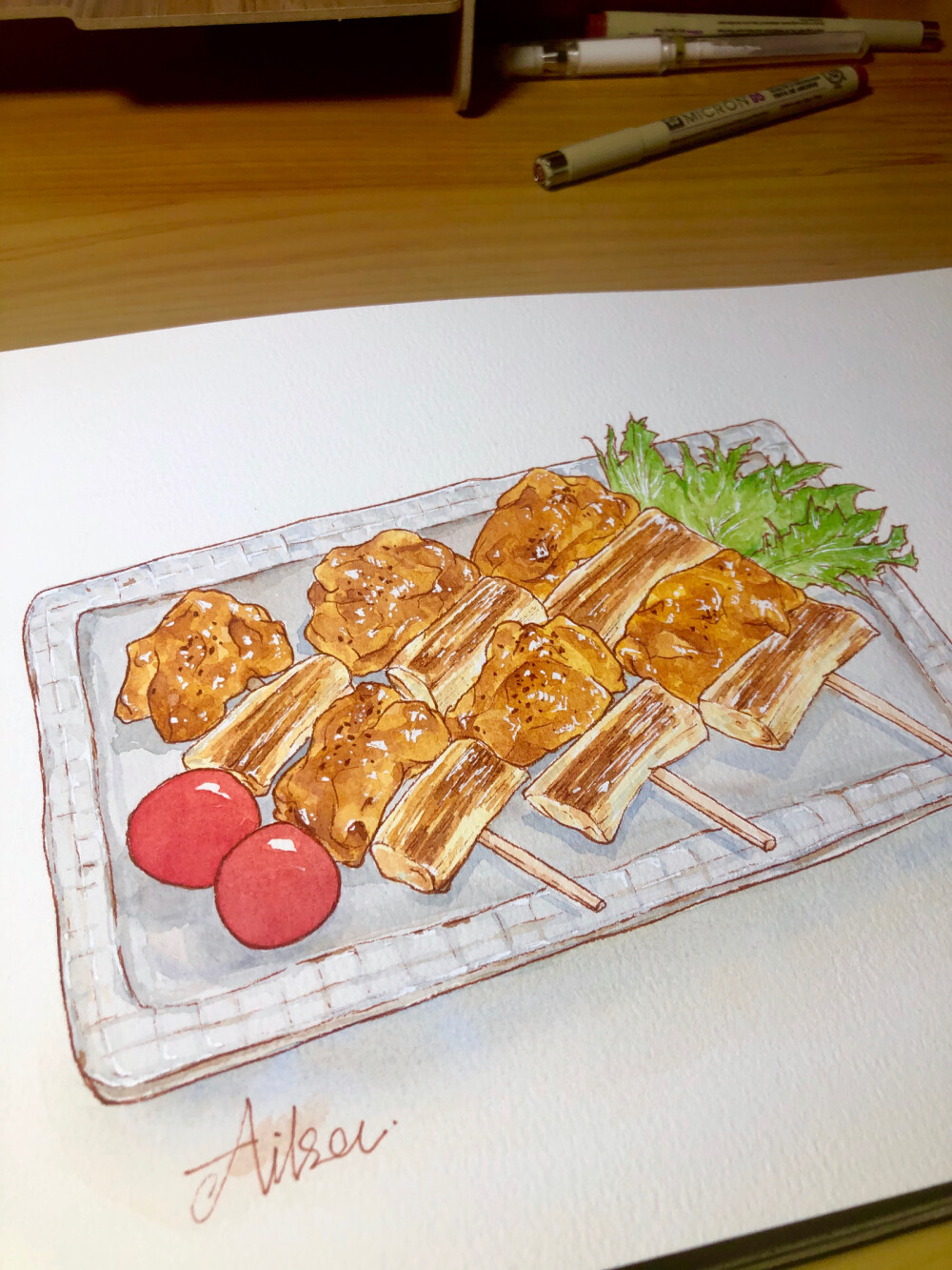 水彩美食 手绘插画日式烤肉串