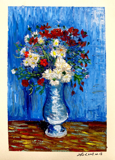 油画棒临摹梵高《罂粟花与雏菊》:最近小红书上风很大的油画棒,甚至