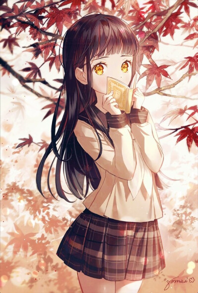 二次元 少女 唯美 褐发 金瞳 枫叶